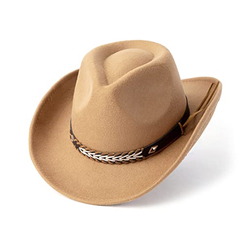 Western Cowboy Hat Felt Wide Brim Women Men Cowgirl Hats - color: Camel
