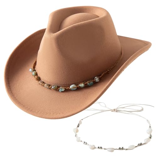 Jastore Western Cowboy Hat for Kids Girl Boy Classic Fedora Hat Felt Cowgirls Hats with Two Decorative Bands - color: Khaki, size: 4-6 Years