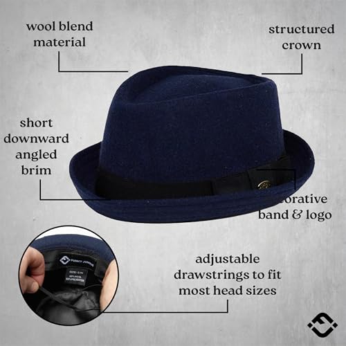 Funky Junque Wool Blend Porkpie Fedora, Classic Trilby Dress Hat - color: Navy, size: Medium
