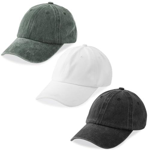 MEINICY 3 Packs Washed-Cotton Plain Baseball Cap, Adjustable Dad Hat - color: Black + White + Army Green