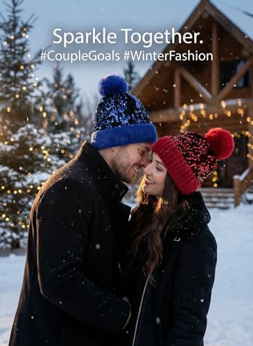 Women Sparkly Sequins Knitted Beanie Hat Warm Winter Skull Cap with Faux Fur Pom Pom - color: Red