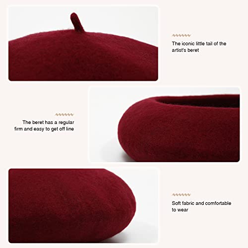 Women French Wool Beret Hats - Solid Color Classic Beanie Winter Cap - color: Thicker-wine Red