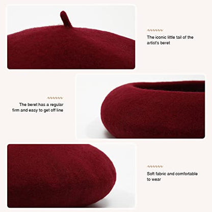 Women French Wool Beret Hats - Solid Color Classic Beanie Winter Cap - color: Thicker-wine Red