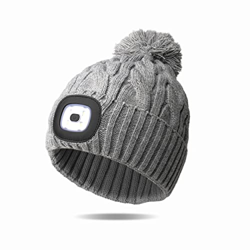 Classic Rechargeable LED Warm Knit Beanie Head Light Hat Headlamp for Outdoor Activities - color: Gray Pom