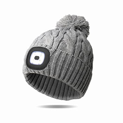 Classic Rechargeable LED Warm Knit Beanie Head Light Hat Headlamp for Outdoor Activities - color: Gray Pom