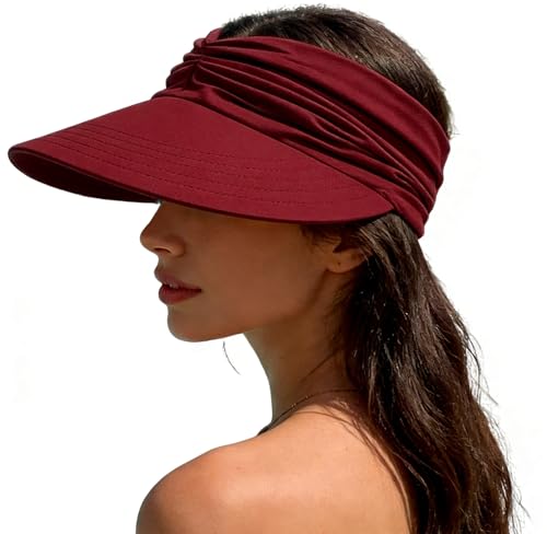Sun Hat Women Sun Beach Visor Cap UV Protection Summer Wide Brim Hat for Sports Beach Golf Tennis Hiking - color: Wine Red