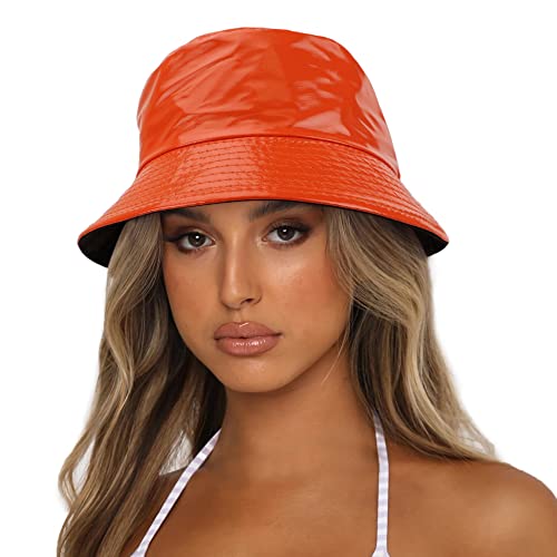 Reversible PU Leather Bucket Hats for Women Solid Color Double Wear Summer Hat Unisex - color: Orange