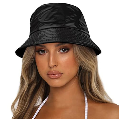 Reversible PU Leather Bucket Hats for Women Solid Color Double Wear Summer Hat Unisex - color: Black