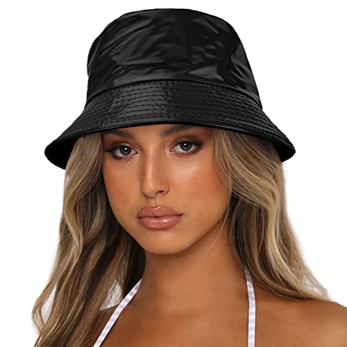 Reversible PU Leather Bucket Hats for Women Solid Color Double Wear Summer Hat Unisex - color: Black