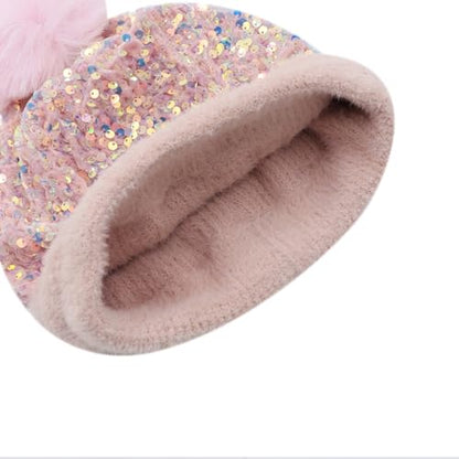 Women Sparkly Sequins Knitted Beanie Hat Warm Winter Skull Cap with Faux Fur Pom Pom - color: Light Pink