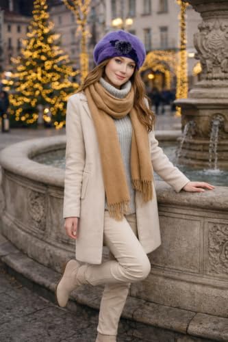 VECRY Lady French Beret 100% Wool Beret Floral Dress Beanie Winter Hat - color: Angola-purple