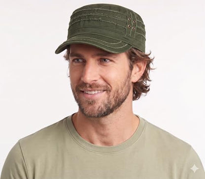 D&Y Unisex 100% Cotton Military Cadet Hat - Distressed Frayed Flat Top Cap - Adjustable Everyday Patrol Hat - color: Olive