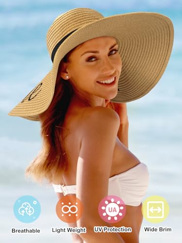 Sun Beach Straw Hats for Women, Summer Wide Brim Hat - color: Dark Khaki(hello Sunshine), size: Large