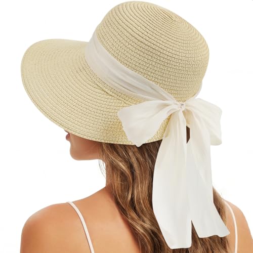Pleneal Sun Hats for Women Straw Beach Hat Foldable Bowknot Summer Hat - color: Khaki With Beige Ribbon