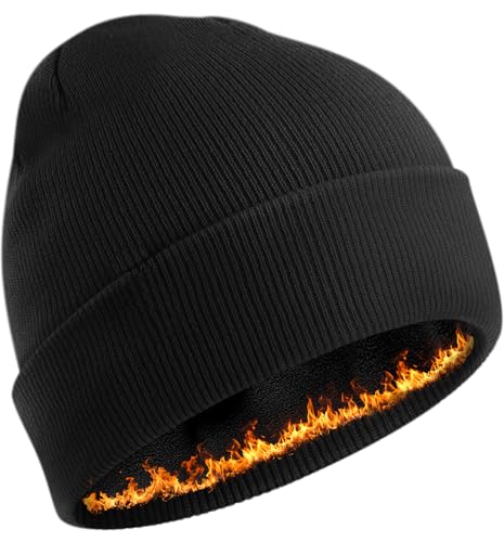 Fleece Lined Beanie for Men Women Knit Thick Warm Winter Beanies Hat - color: Black