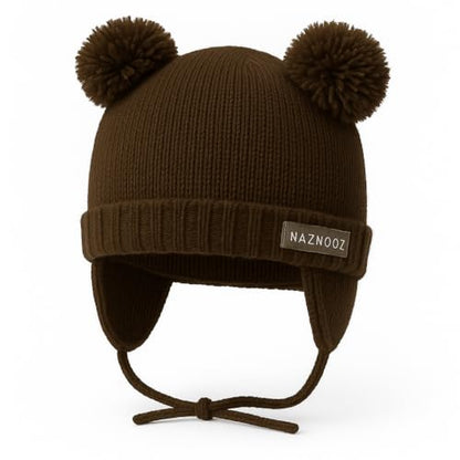 Knitted Colorful Double Pom-Pom Baby Hat and Mittens Set|Warm Winter Newborn Essentials for Boys and Girls 0-6 Months - color: Brown