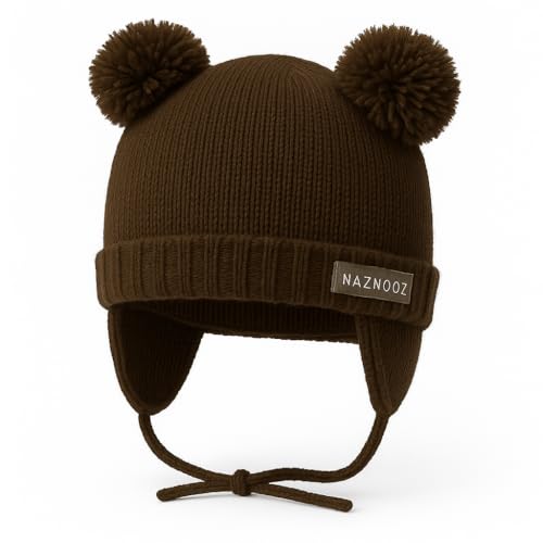 Knitted Colorful Double Pom-Pom Baby Hat and Mittens Set|Warm Winter Newborn Essentials for Boys and Girls 0-6 Months - color: Brown