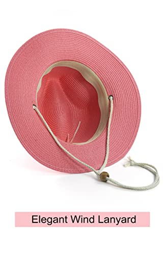 Women Straw Fedora Hat Summer Panama Beach Sun Hats UV UPF50+ Cap - color: Pink
