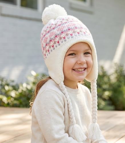 Moon Kitty Girls Knit Hats Winter Fleece Lining Skiing Winter Caps with Warm Ear Flap - color: Beige, size: 3-5T
