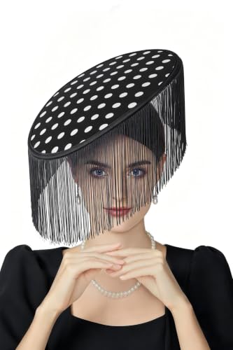 Coucoland Polka Dot Fascinators Hats for Women Flat Derby Hat with Tassels - color: Black