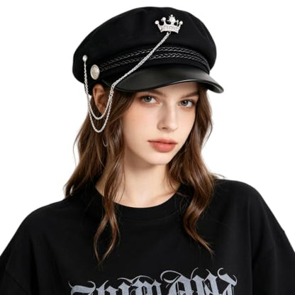 Women’s Black Newsboy Cap Gothic Beret with Chain Heart Buckle/Crown Accents Flat Top Visor Baker Boy Sailor Hat - color: Black With Crown Chain