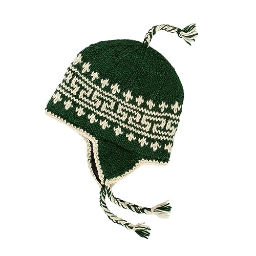 Hand Knit Sherpa Wool Hat with Micro Fleece Lining and Ear Flaps, Handmade Winter Toque, Christmas Beanie, Made in Nepal - color: Dark Green and White