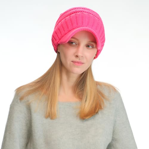 C.C Trendy Warm Oversized Chunky Soft Oversized Ribbed Slouchy Knit Hat with Visor Brim - color: Candy Pink