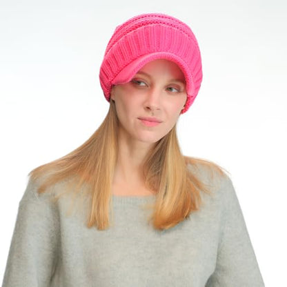 C.C Trendy Warm Oversized Chunky Soft Oversized Ribbed Slouchy Knit Hat with Visor Brim - color: Candy Pink