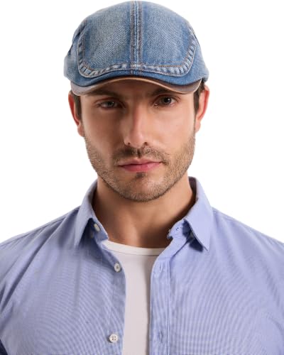 ZLYC Men Cotton Flat Cap Summer Scally Newsboy Beret Driver Hat - color: Denim Blue