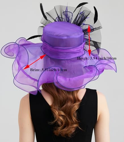 Women Organza Derby Hat Fascinator Tea Party Wedding Church Derby Hat Fascinator Hats Dual-use - color: 02b Purple