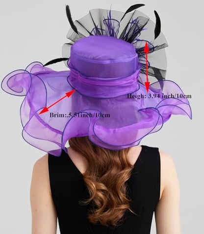 Women Organza Derby Hat Fascinator Tea Party Wedding Church Derby Hat Fascinator Hats Dual-use - color: 02b Purple