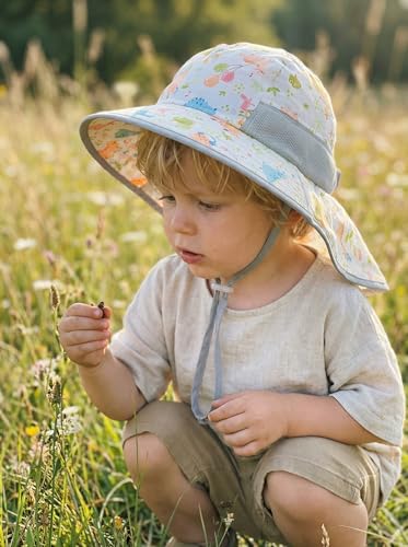icolor Kids Sun Hat UPF50+ Sun Protection Bucket Hat Toddler Summer Beach Play Hats with Neck Flap for Girl Boy Ages 3~10 - color: Dino Park