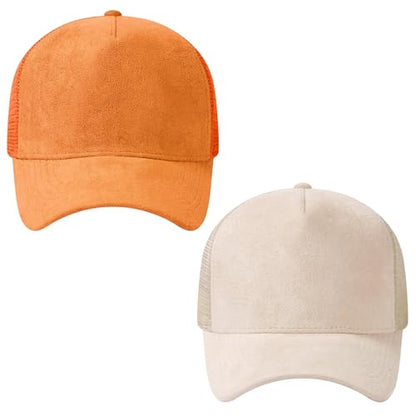 Suede Curved Brim Trucker Cap Adjustable Snapback Hat Mesh Back Breathable for Men Women 2 Pack SH03 - color: Pack of 2, Bleached Sand & Orange