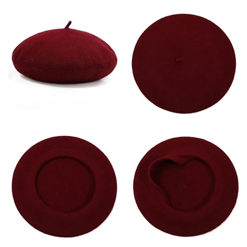 Women Beret Classic French Hat - Elegent Black Wool Beret for Party Romantic French Themed Fancy Dress(Size:S/M) - color: Claret