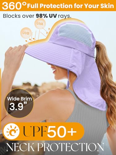 Sun Hats for Women UV Protection with Neck Flap Wide Brim Beach Hats with Ponytail Hole for Hiking Fishing Gardening Travel - color: Light Purple