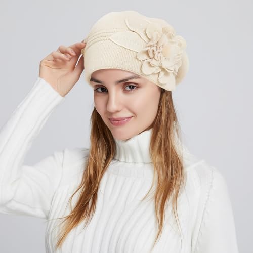 Flower Women Beret, Double Layer Thickened Winter Knitted Beanie Beret Hat, Stylish French Dress Beret Hats for Women - color: Beige