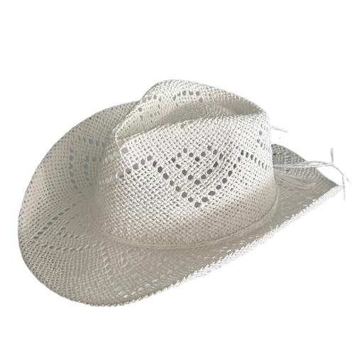 Straw Cowboy Cowgirl Hats for Women Men Shapeable Short Brim Beach Hat Western Sun Hats for Rodeo Country Party - color: White