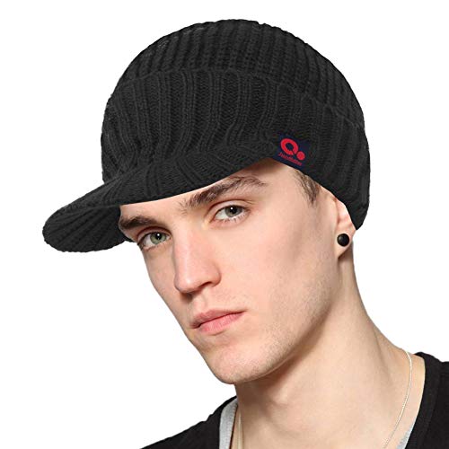Janey&Rubbins Men‘s Stylish Knit Visor Brim Beanie Hats Fleece Lined Skull Ski Caps - color: Black