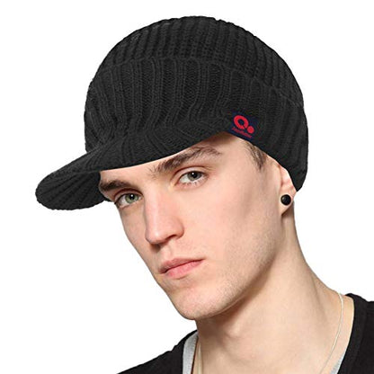 Janey&Rubbins Men‘s Stylish Knit Visor Brim Beanie Hats Fleece Lined Skull Ski Caps - color: Black