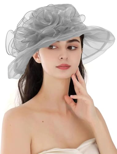 Women's Kentucky Derby Church Dress Hat Wide Brim Leaf Flower Bridal Shower Hat - color: G2 Grey
