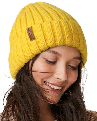 Fleece Lined Beanie Cable Knit Chunky Beanies Womens Snow Cap - color: Yellow