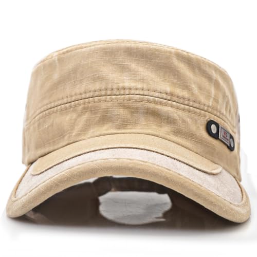 Men Flat Top Hat Cadet Army Cap Twill Cotton Baseball Military Cap - color: F - Beige