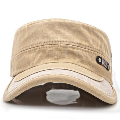 Men Flat Top Hat Cadet Army Cap Twill Cotton Baseball Military Cap - color: F - Beige