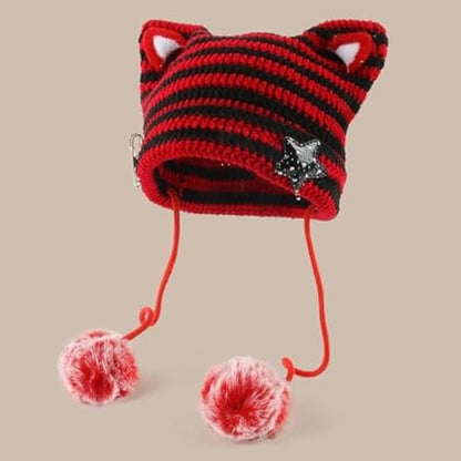 Women Kawaii Cat Ear Beanie Hat with Star Pom Poms Y2K Cute Crochet Goth Grunge Emo Alt Accessories Knit Slouchy Hat - color: Red Black