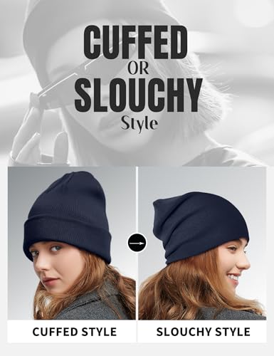 Fleece Lined Wool Beanie Hat Men Women, Warm Cuffed Winter Cap - color: Navy Blue