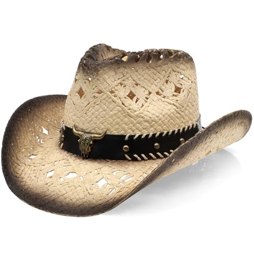 WQWOVRVO Cowboy Hat,Cowgirl Hat,Straw Cowboy Hats for Women/Men Wide with Shapeable Brim - color: Apricot&brown Color