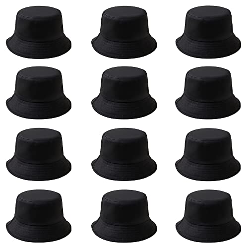 12Pieces Cotton Bucket Hat for Women Men Adult Summer Plain Fishing Bucket Cap - color: Black
