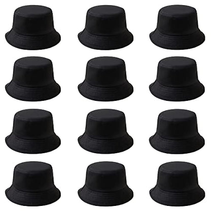 12Pieces Cotton Bucket Hat for Women Men Adult Summer Plain Fishing Bucket Cap - color: Black