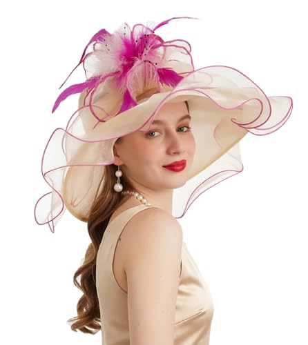 ORIDOOR Women Hats Headband Hairpin Organza Fascinator Church Hat Floral Tea Party Wedding Hat - color: 006 Beige and Rose