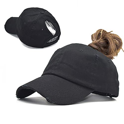 Women Distressed Ponytail Baseball-Hat Cotton Adjustable Baseball-Cap - color: Black